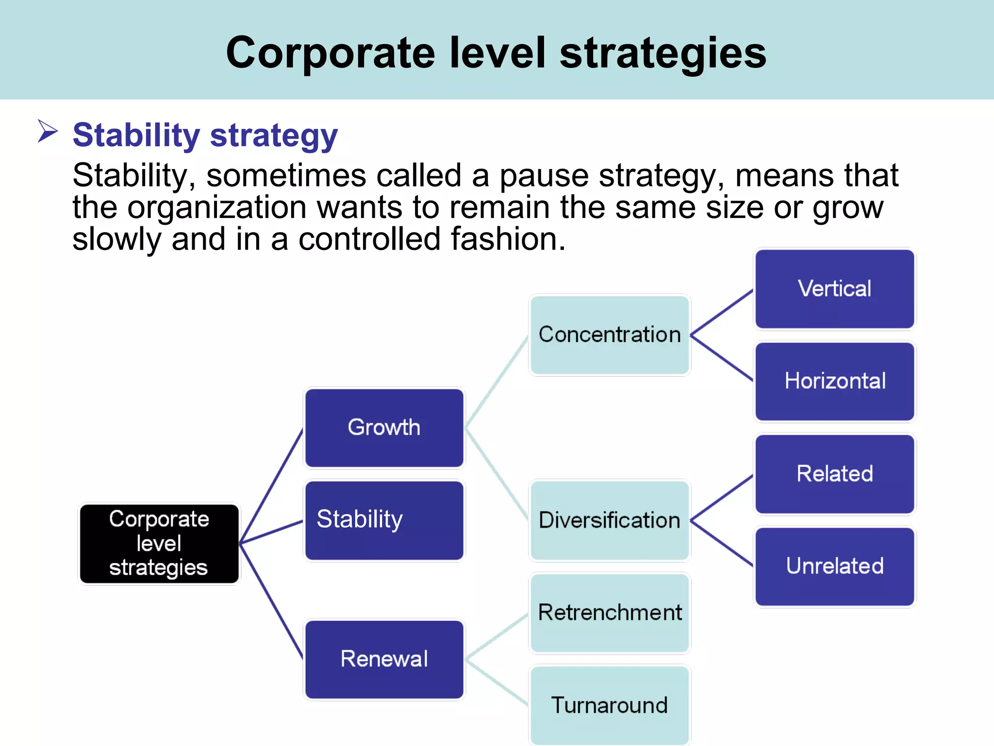 Corporate level strategies
 Stability strategy
Stability, sometimes called a pause strategy, means that
the organization wants to remain the same size or grow
slowly and in a controlled fashion.
Stability
 
