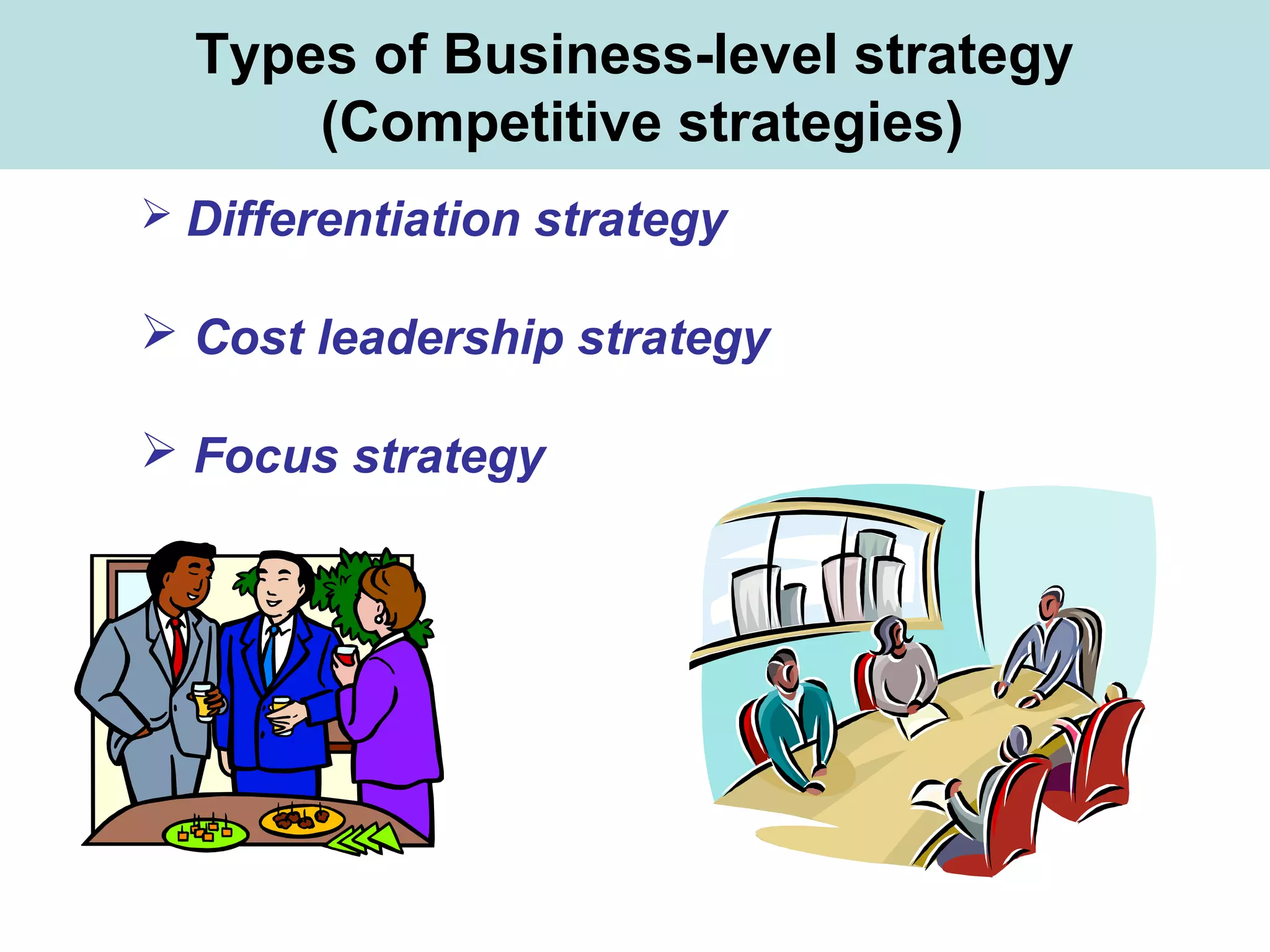 Types of Business-level strategy
(Competitive strategies)
 Differentiation strategy
 Cost leadership strategy
 Focus strategy
 