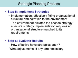 Strategic Planning Process
• Step 5: Implement Strategies
– Implementation: effectively fitting organizational
structure and activities to the environment
– The environment dictates the chosen strategy;
effective strategy implementation requires an
organizational structure matched to its
requirements
• Step 6: Evaluate Results
– How effective have strategies been?
- What adjustments, if any, are necessary
 
