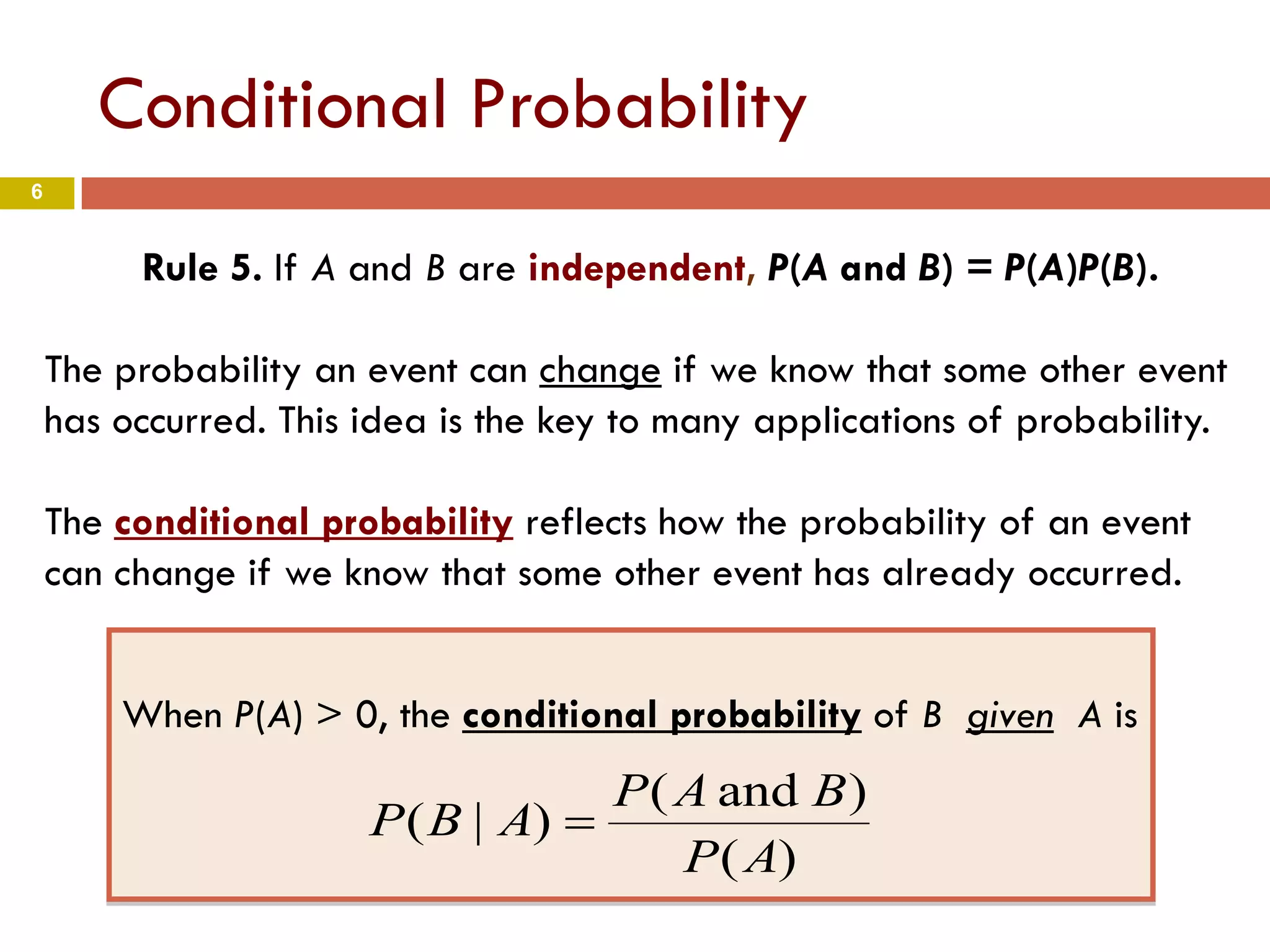 6
Conditional Probability
Rule 5. If A and B are independent, P(A and B) = P(A)P(B).
The probability an event can change if we know that some other event
has occurred. This idea is the key to many applications of probability.
The conditional probability reflects how the probability of an event
can change if we know that some other event has already occurred.
When P(A) > 0, the conditional probability of B given A is
)(
)and(
)|(
AP
BAP
ABP =
 