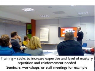 Training – seeks to increase expertise and level of mastery,
repetition and reinforcement needed
Seminars, workshops, or staff meetings for example