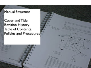 Manual Structure
Cover and Title
Revision History
Table of Contents
Policies and Procedures