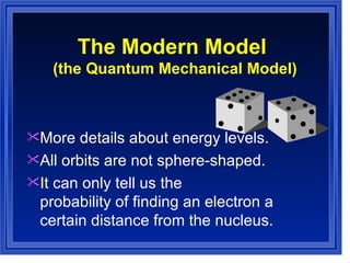More details about energy levels.  All orbits are not sphere-shaped.  It can only tell us the probability of finding an electron a certain distance from the nucleus. The Modern Model  (the Quantum Mechanical Model) 