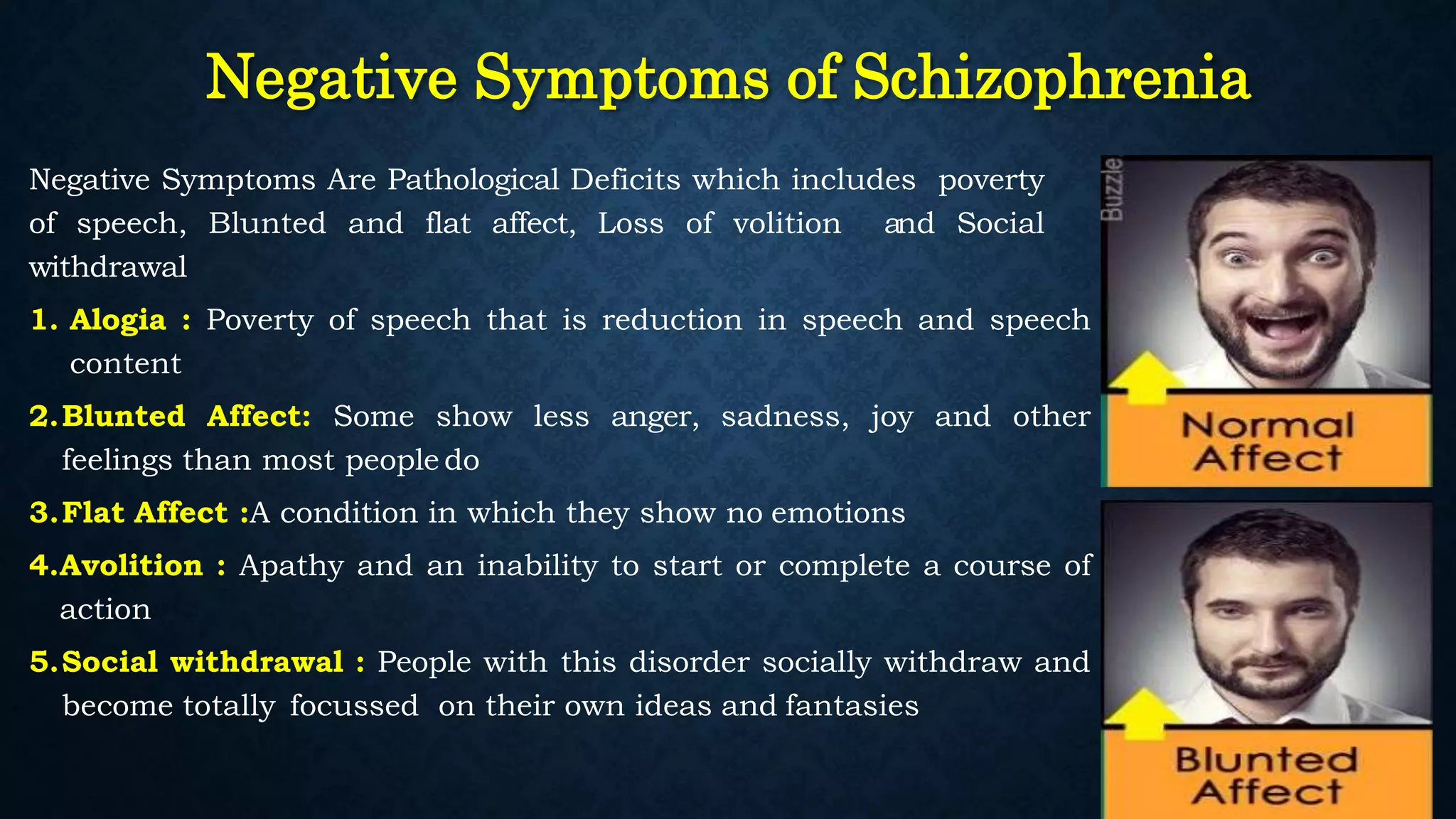 Negative Symptoms of Schizophrenia
Negative Symptoms Are Pathological Deficits which includes poverty
of speech, Blunted and flat affect, Loss of volition and Social
withdrawal
1. Alogia : Poverty of speech that is reduction in speech and speech
content
2.Blunted Affect: Some show less anger, sadness, joy and other
feelings than most people do
3.Flat Affect :A condition in which they show no emotions
4.Avolition : Apathy and an inability to start or complete a course of
action
5.Social withdrawal : People with this disorder socially withdraw and
become totally focussed on their own ideas and fantasies
 