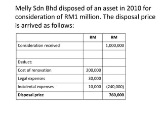 Melly Sdn Bhd disposed of an asset in 2010 for
consideration of RM1 million. The disposal price
is arrived as follows:
RM RM
Consideration received 1,000,000
Deduct:
Cost of renovation 200,000
Legal expenses 30,000
Incidental expenses 10,000 (240,000)
Disposal price 760,000
 