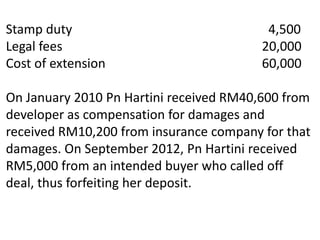Stamp duty 4,500
Legal fees 20,000
Cost of extension 60,000
On January 2010 Pn Hartini received RM40,600 from
developer as compensation for damages and
received RM10,200 from insurance company for that
damages. On September 2012, Pn Hartini received
RM5,000 from an intended buyer who called off
deal, thus forfeiting her deposit.
 