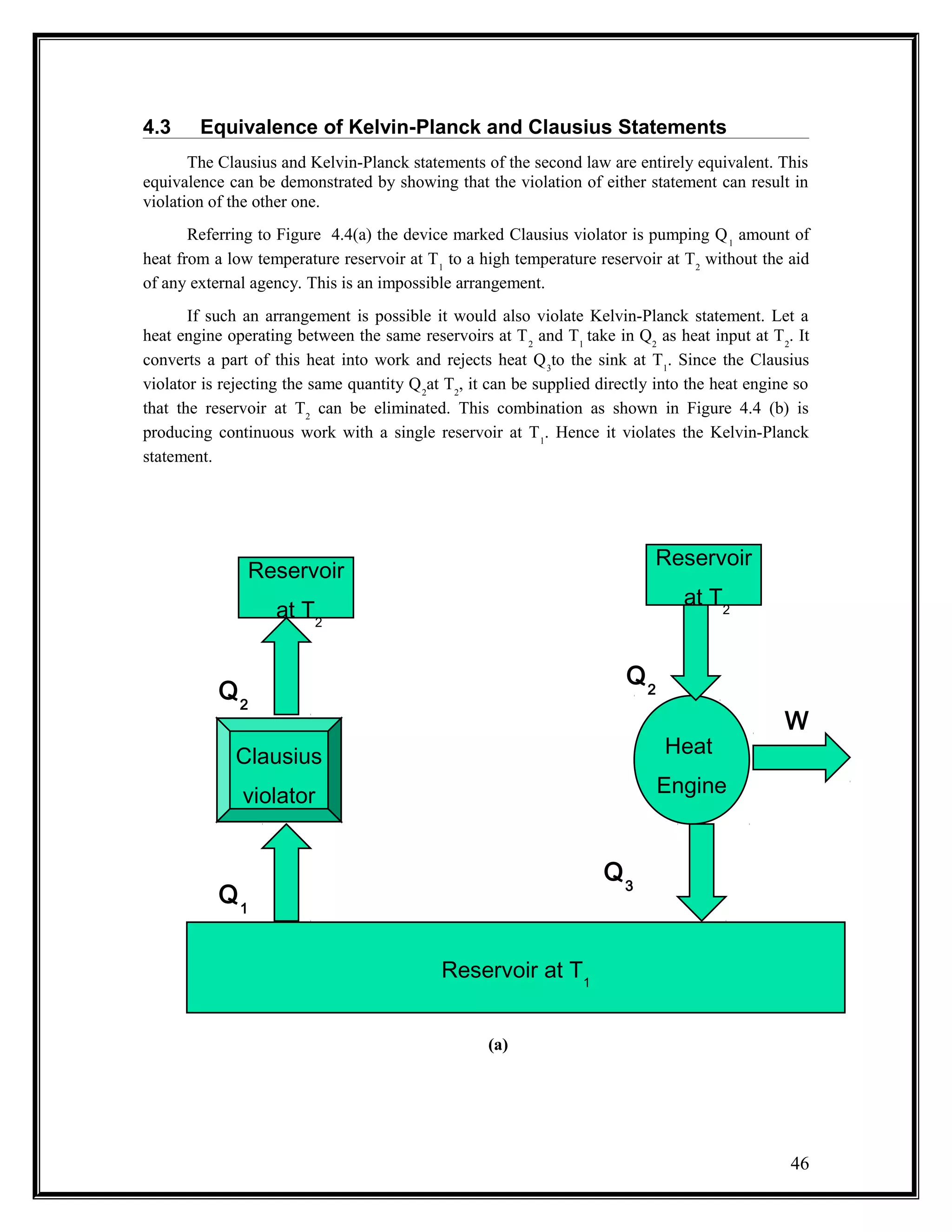 4.3 Equivalence of Kelvin-Planck and Clausius Statements
The Clausius and Kelvin-Planck statements of the second law are entirely equivalent. This
equivalence can be demonstrated by showing that the violation of either statement can result in
violation of the other one.
Referring to Figure 4.4(a) the device marked Clausius violator is pumping Q1
amount of
heat from a low temperature reservoir at T1
to a high temperature reservoir at T2
without the aid
of any external agency. This is an impossible arrangement.
If such an arrangement is possible it would also violate Kelvin-Planck statement. Let a
heat engine operating between the same reservoirs at T2
and T1
take in Q2
as heat input at T2
. It
converts a part of this heat into work and rejects heat Q3
to the sink at T1
. Since the Clausius
violator is rejecting the same quantity Q2
at T2
, it can be supplied directly into the heat engine so
that the reservoir at T2
can be eliminated. This combination as shown in Figure 4.4 (b) is
producing continuous work with a single reservoir at T1
. Hence it violates the Kelvin-Planck
statement.
(a)
Reservoir at T1
Heat
Engine
Clausius
violator
Reservoir
at T2
Q1
Q2
Q3
Reservoir
at T2
W
Q2
46
 