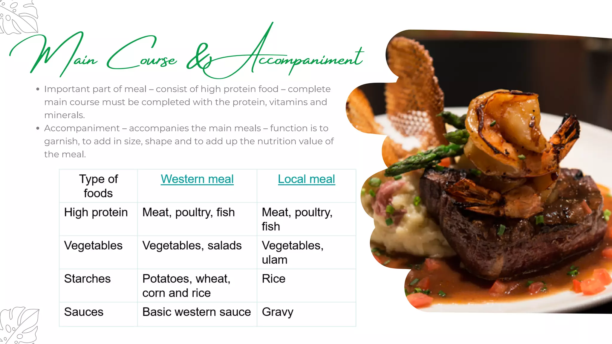 Main Course & Accompaniment
Important part of meal – consist of high protein food – complete
main course must be completed with the protein, vitamins and
minerals.
Accompaniment – accompanies the main meals – function is to
garnish, to add in size, shape and to add up the nutrition value of
the meal.
 