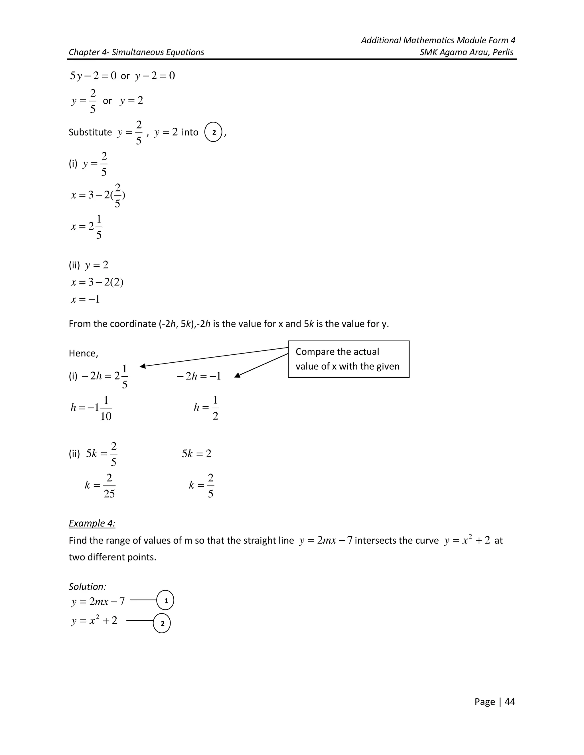 Additional Mathematics Module Form 4
Chapter 4- Simultaneous Equations SMK Agama Arau, Perlis
Page | 44
025 =−y or 02 =−y
5
2
=y or 2=y
Substitute
5
2
=y , 2=y into ,
(i)
5
2
=y
)
5
2
(23 −=x
5
1
2=x
(ii) 2=y
)2(23 −=x
1−=x
From the coordinate (-2h, 5k),-2h is the value for x and 5k is the value for y.
Hence,
(i)
5
1
22 =− h 12 −=− h
2
1
=h
(ii)
5
2
5 =k 25 =k
25
2
=k
5
2
=k
Example 4:
Find the range of values of m so that the straight line 72 −= mxy intersects the curve 22
+= xy at
two different points.
Solution:
72 −= mxy
22
+= xy
2
10
1
1−=h
Compare the actual
value of x with the given
1
2
 