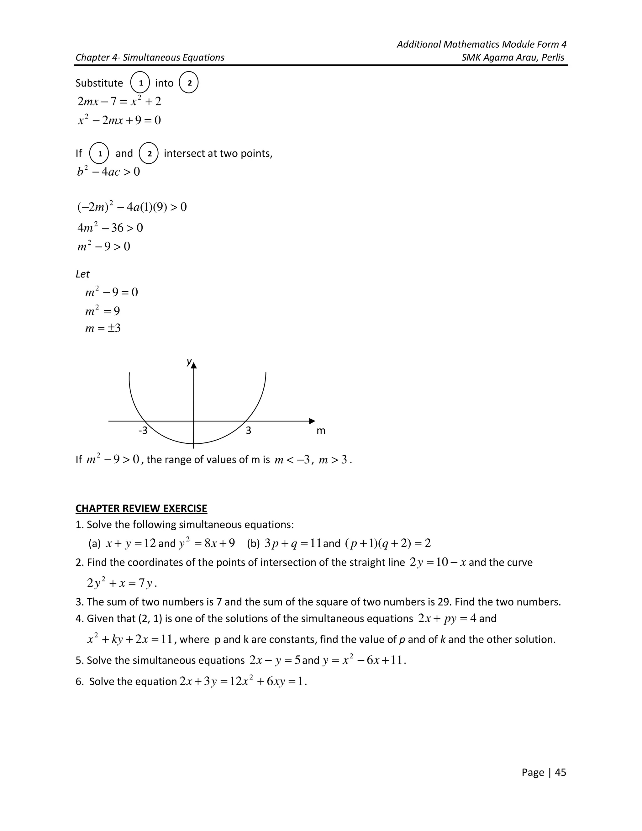 Additional Mathematics Module Form 4
Chapter 4- Simultaneous Equations SMK Agama Arau, Perlis
Page | 45
Substitute into
272 2
+=− xmx
0922
=+− mxx
If and intersect at two points,
042
>− acb
0)9)(1(4)2( 2
>−− am
0364 2
>−m
092
>−m
Let
092
=−m
92
=m
3±=m
y
-3 3 m
If 092
>−m , the range of values of m is 3−<m , 3>m .
CHAPTER REVIEW EXERCISE
1. Solve the following simultaneous equations:
(a) 12=+ yx and 982
+= xy (b) 113 =+ qp and 2)2)(1( =++ qp
2. Find the coordinates of the points of intersection of the straight line xy −=102 and the curve
yxy 72 2
=+ .
3. The sum of two numbers is 7 and the sum of the square of two numbers is 29. Find the two numbers.
4. Given that (2, 1) is one of the solutions of the simultaneous equations 42 =+ pyx and
1122
=++ xkyx , where p and k are constants, find the value of p and of k and the other solution.
5. Solve the simultaneous equations 52 =− yx and 1162
+−= xxy .
6. Solve the equation 161232 2
=+=+ xyxyx .
1 2
1 2
 