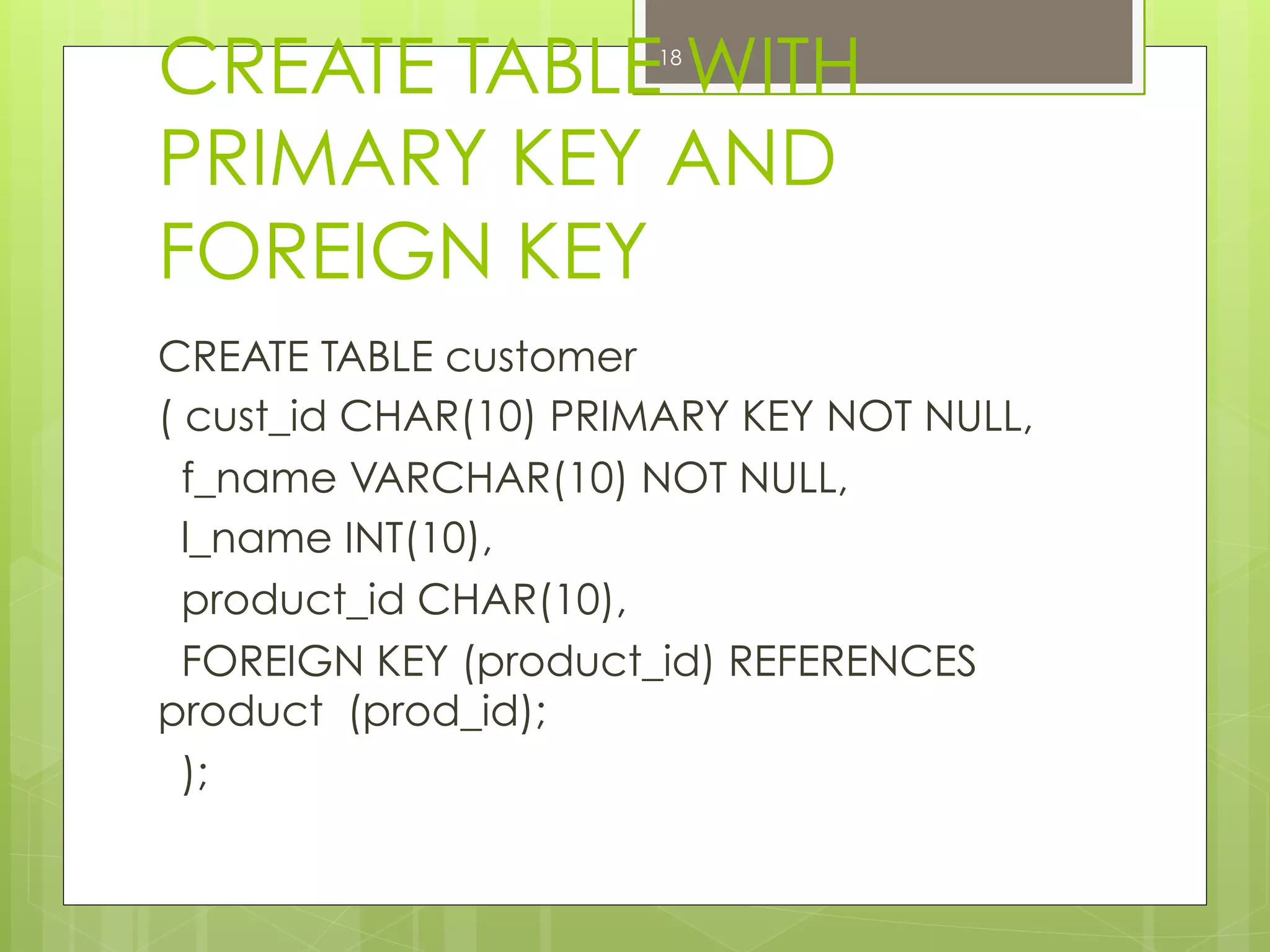 CREATE TABLE WITH
PRIMARY KEY AND
FOREIGN KEY
CREATE TABLE customer
( cust_id CHAR(10) PRIMARY KEY NOT NULL,
f_name VARCHAR(10) NOT NULL,
l_name INT(10),
product_id CHAR(10),
FOREIGN KEY (product_id) REFERENCES
product (prod_id);
);
18
 