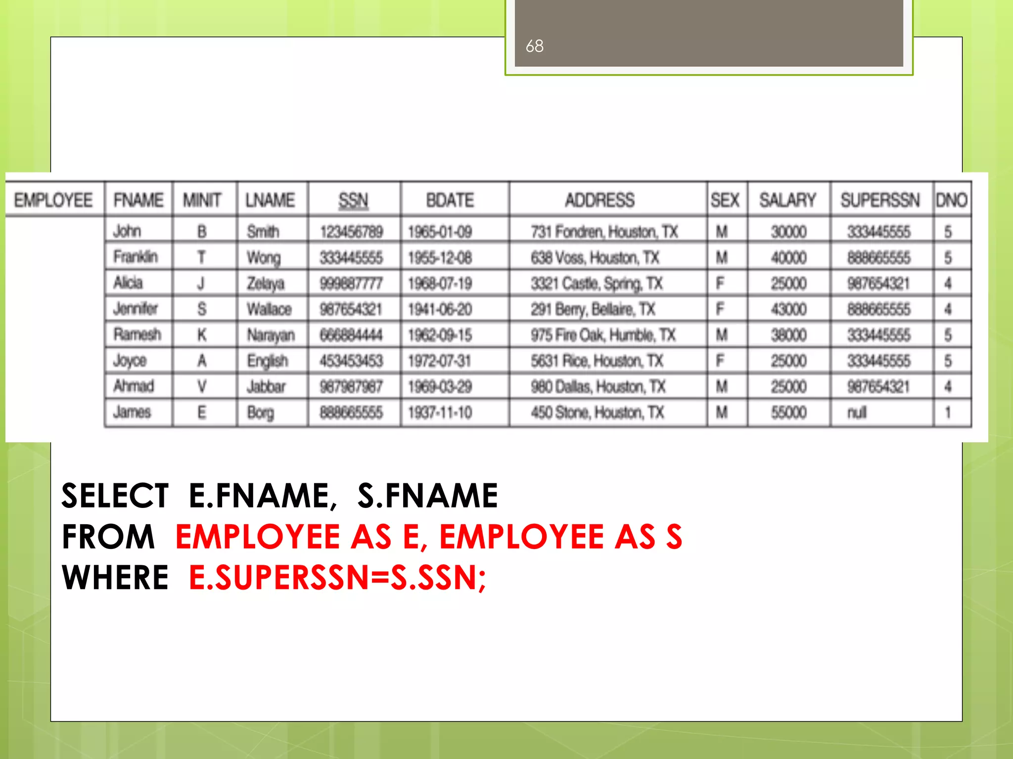 SELECT E.FNAME, S.FNAME
FROM EMPLOYEE AS E, EMPLOYEE AS S
WHERE E.SUPERSSN=S.SSN;
68
 