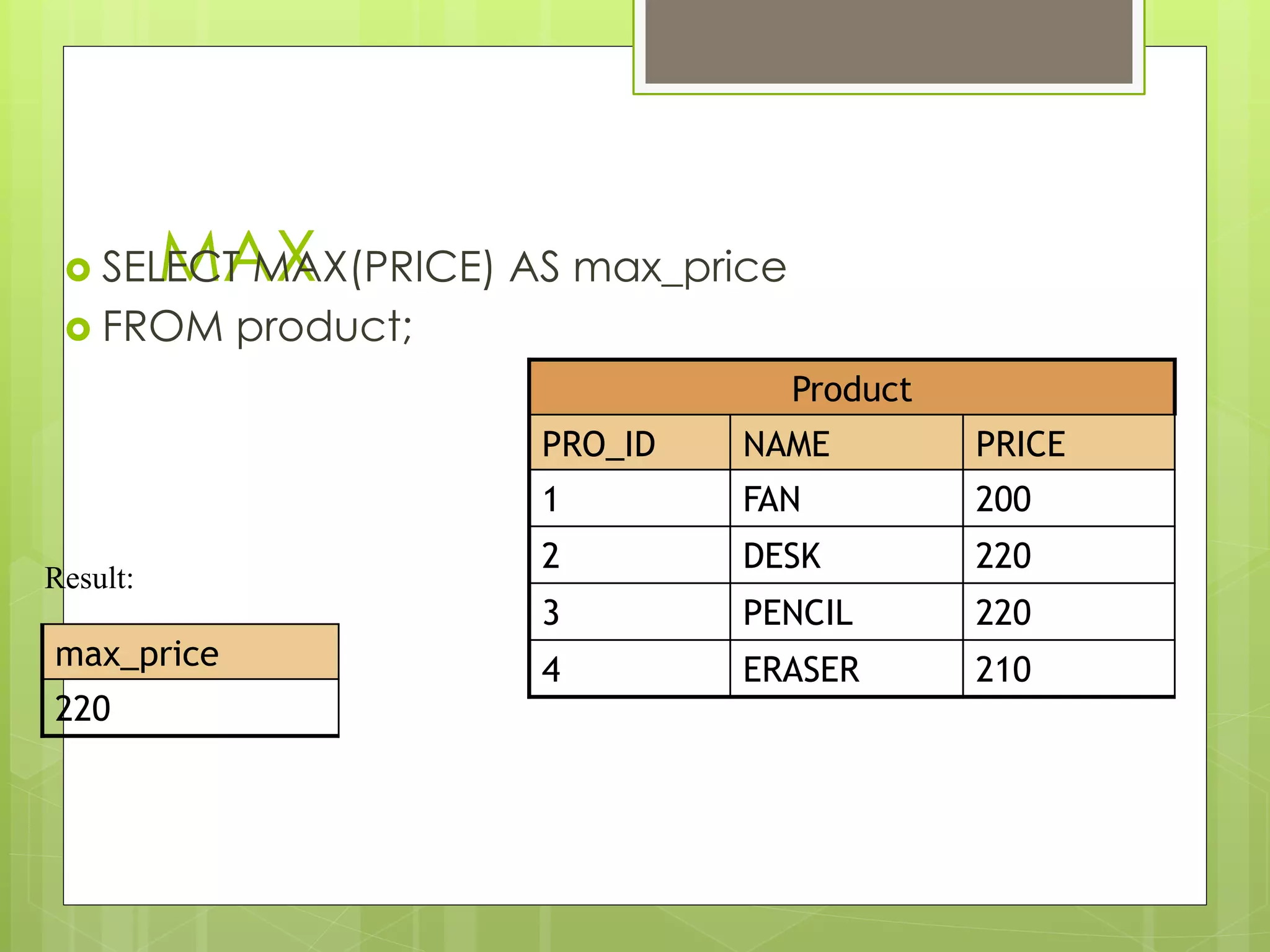 MAX›  SELECT MAX(PRICE) AS max_price
›  FROM product;
Result:
max_price
220
Product
PRO_ID NAME PRICE
1 FAN 200
2 DESK 220
3 PENCIL 220
4 ERASER 210
 