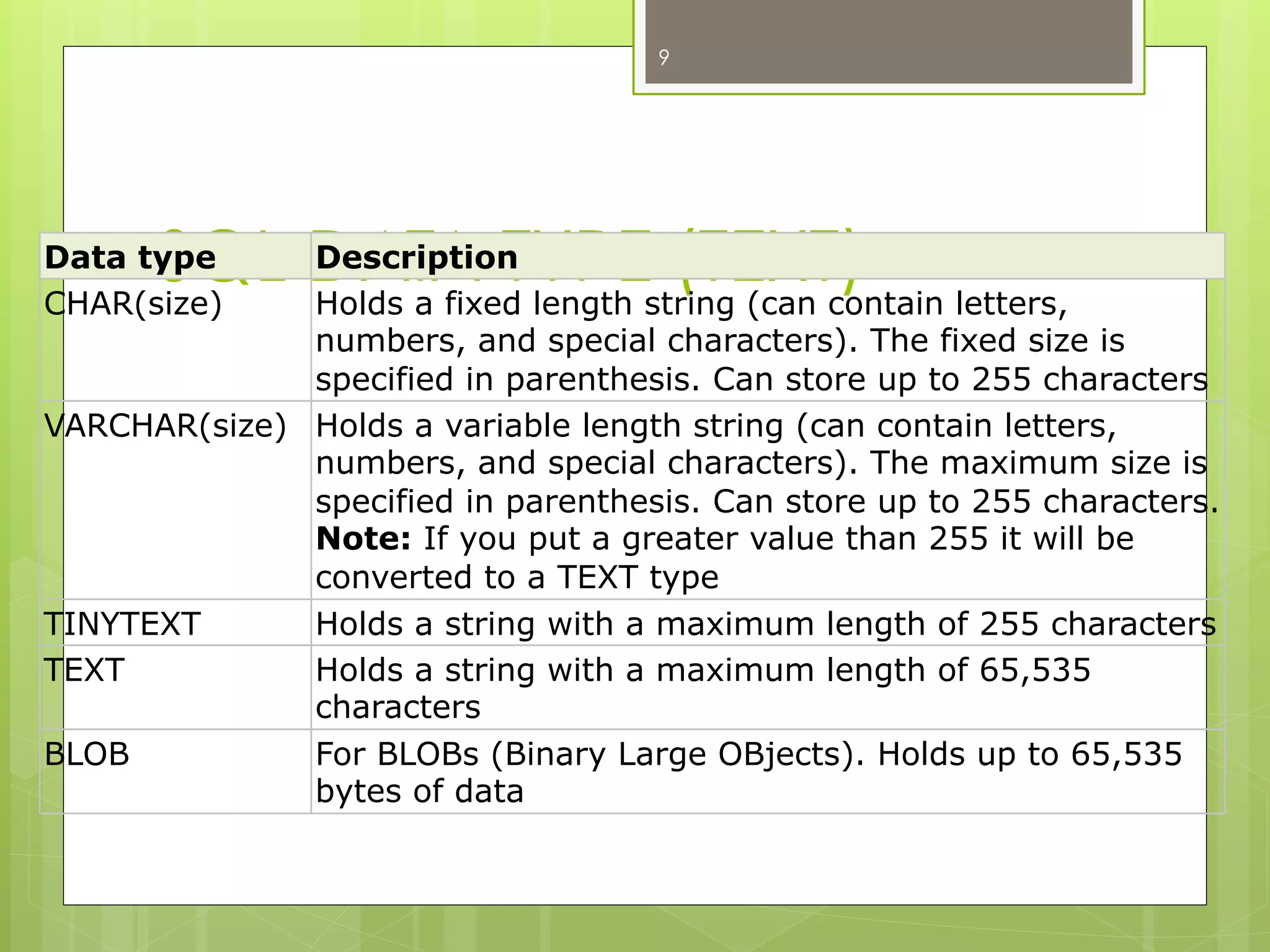 SQL DATA TYPE (TEXT)
9
Data type Description
CHAR(size) Holds a fixed length string (can contain letters,
numbers, and special characters). The fixed size is
specified in parenthesis. Can store up to 255 characters
VARCHAR(size) Holds a variable length string (can contain letters,
numbers, and special characters). The maximum size is
specified in parenthesis. Can store up to 255 characters.
Note: If you put a greater value than 255 it will be
converted to a TEXT type
TINYTEXT Holds a string with a maximum length of 255 characters
TEXT Holds a string with a maximum length of 65,535
characters
BLOB For BLOBs (Binary Large OBjects). Holds up to 65,535
bytes of data
 