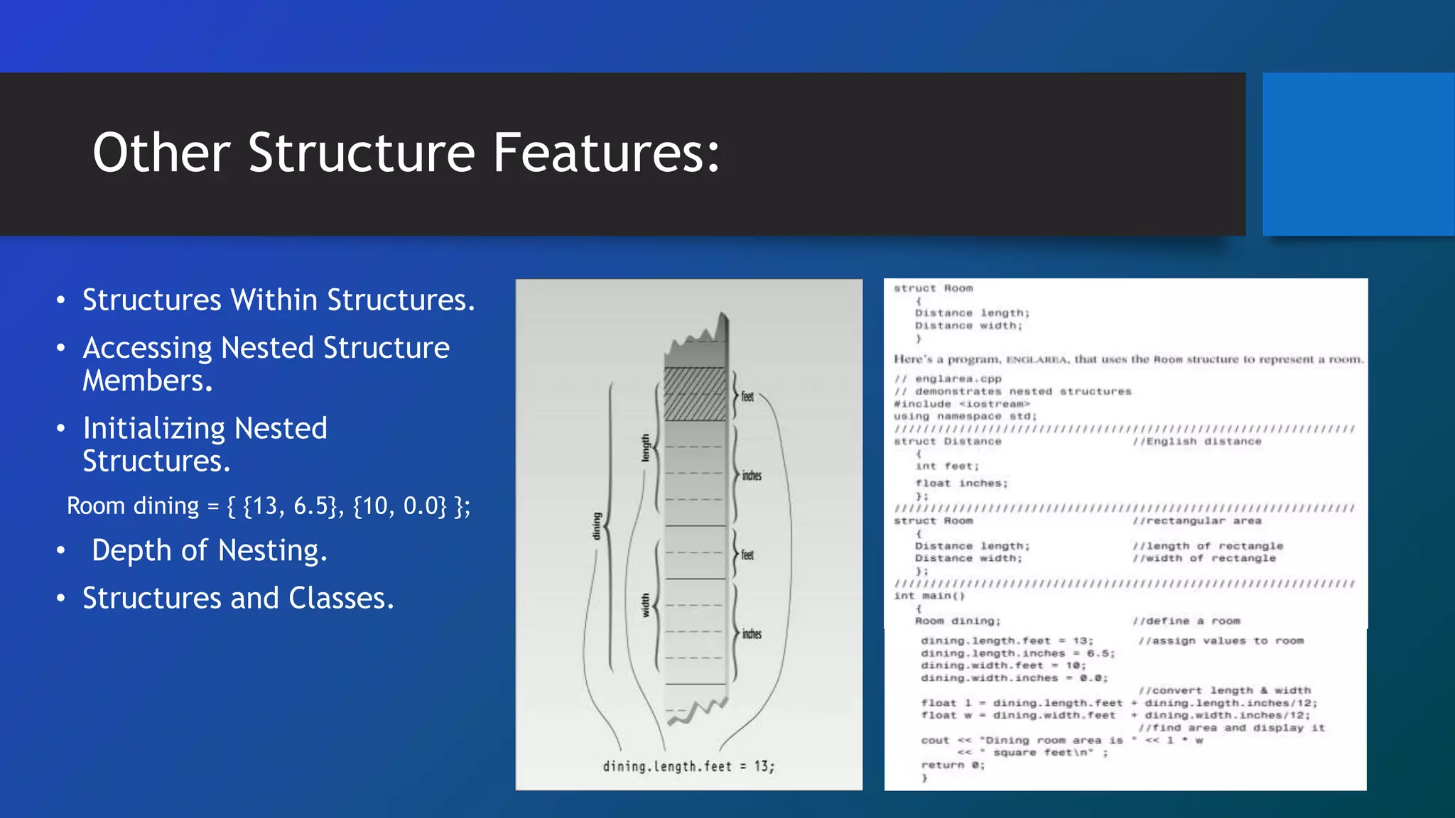 Other Structure Features:
• Structures Within Structures.
• Accessing Nested Structure
Members.
• Initializing Nested
Structures.
Room dining = { {13, 6.5}, {10, 0.0} };
• Depth of Nesting.
• Structures and Classes.
