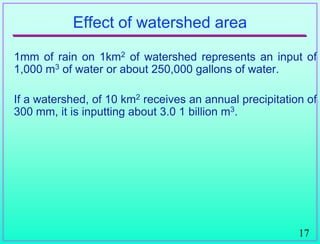 17
Effect of watershed area
1mm of rain on 1km2 of watershed represents an input of
1,000 m3 of water or about 250,000 gallons of water.
If a watershed, of 10 km2 receives an annual precipitation of
300 mm, it is inputting about 3.0 1 billion m3.
 