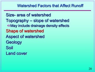 20
Watershed Factors that Affect Runoff
Size- area of watershed
Topography – slope of watershed
May include drainage density effects
Shape of watershed
Aspect of watershed
Geology
Soil
Land cover
 