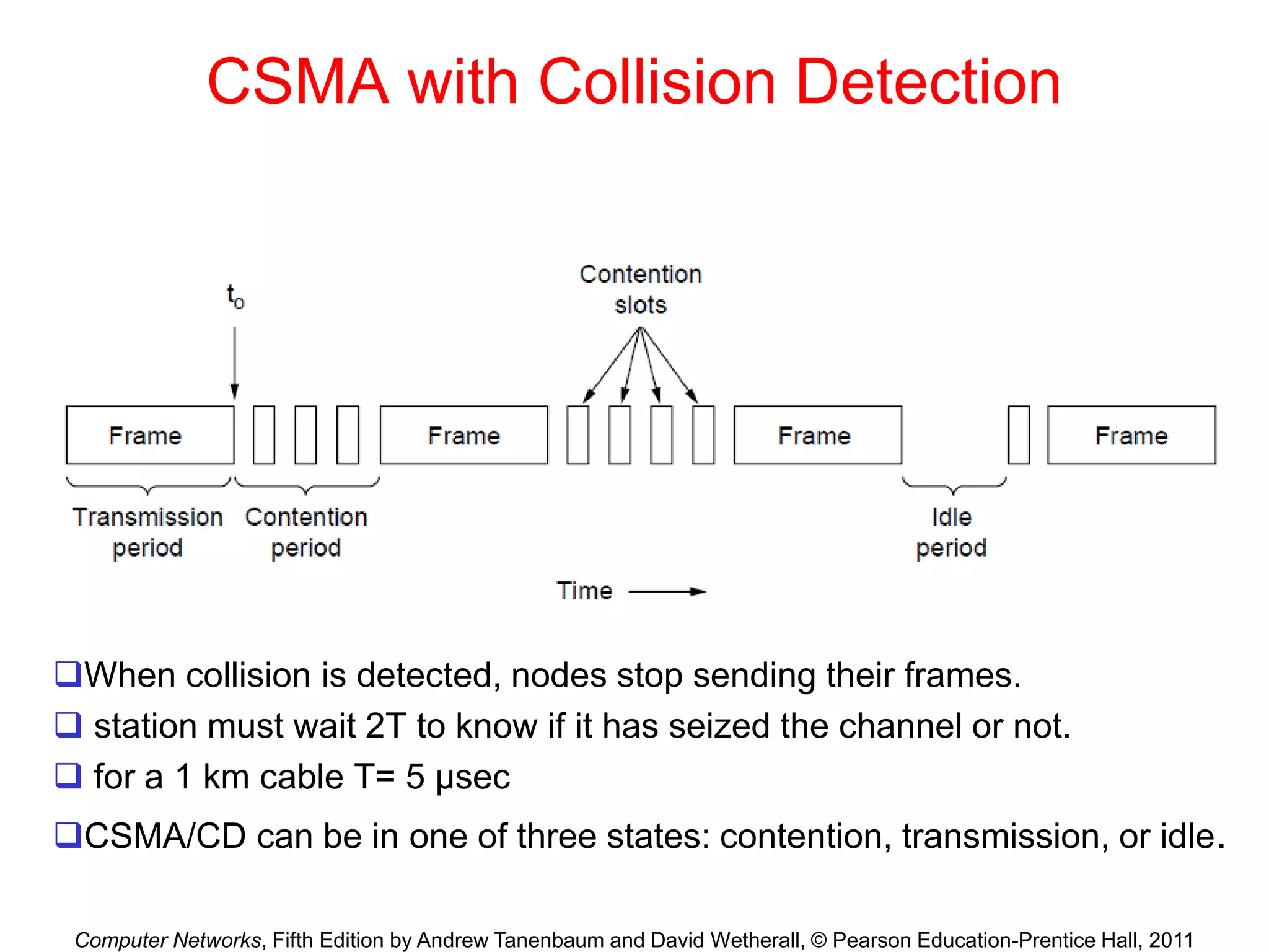 Computer Networks, Fifth Edition by Andrew Tanenbaum and David Wetherall, © Pearson Education-Prentice Hall, 2011
CSMA with Collision Detection
When collision is detected, nodes stop sending their frames.
 station must wait 2T to know if it has seized the channel or not.
 for a 1 km cable T= 5 μsec
CSMA/CD can be in one of three states: contention, transmission, or idle.
 