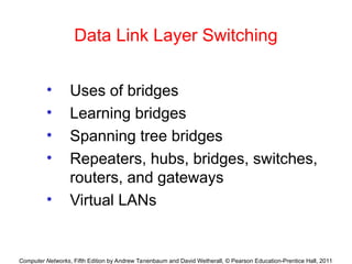 Computer Networks, Fifth Edition by Andrew Tanenbaum and David Wetherall, © Pearson Education-Prentice Hall, 2011
Data Link Layer Switching
• Uses of bridges
• Learning bridges
• Spanning tree bridges
• Repeaters, hubs, bridges, switches,
routers, and gateways
• Virtual LANs
 