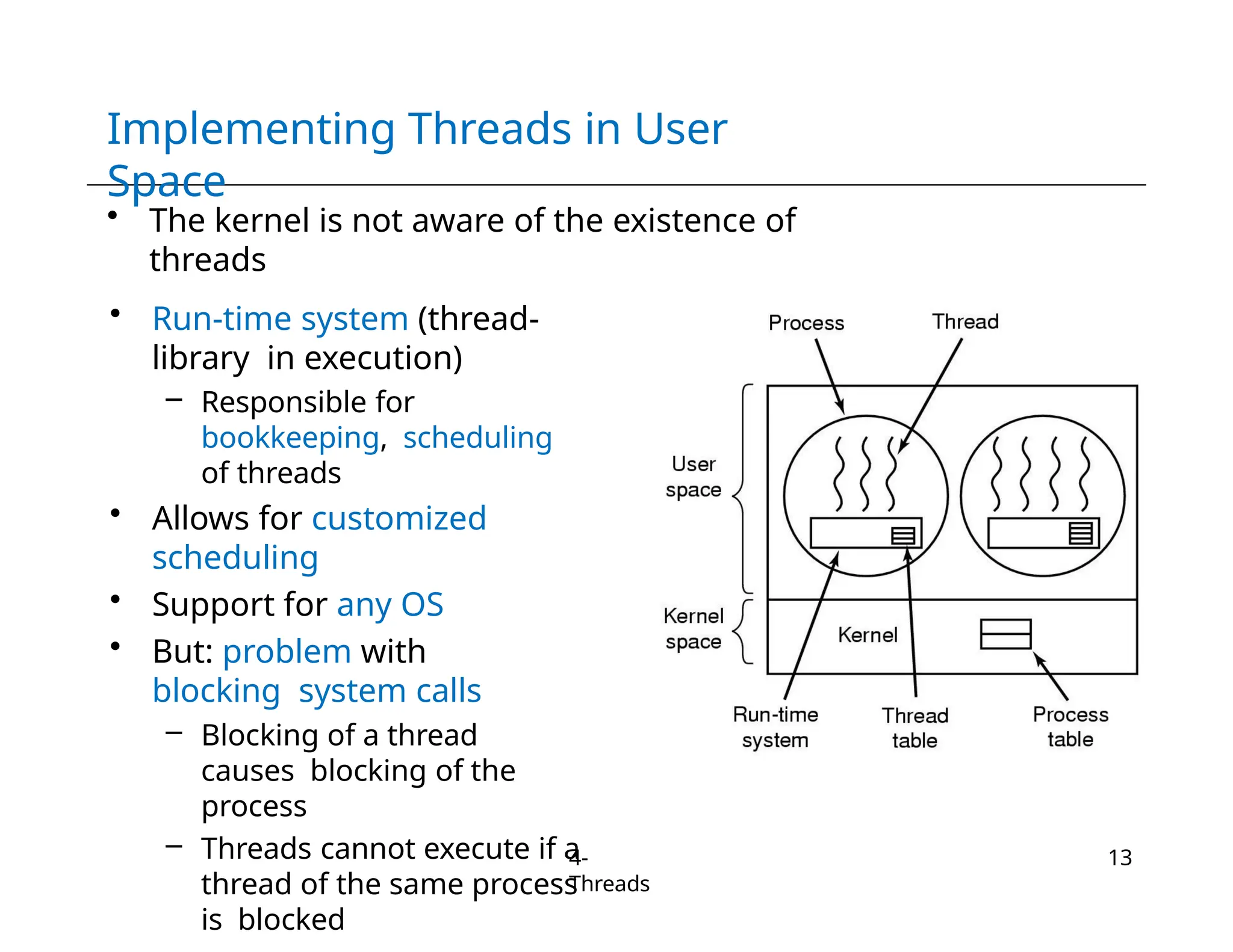 Implementing Threads in User
Space
• The kernel is not aware of the existence of
threads
• Run-time system (thread-
library in execution)
– Responsible for
bookkeeping, scheduling
of threads
• Allows for customized
scheduling
• Support for any OS
• But: problem with
blocking system calls
– Blocking of a thread
causes blocking of the
process
– Threads cannot execute if a
thread of the same process
is blocked
4-
Threads
13
 