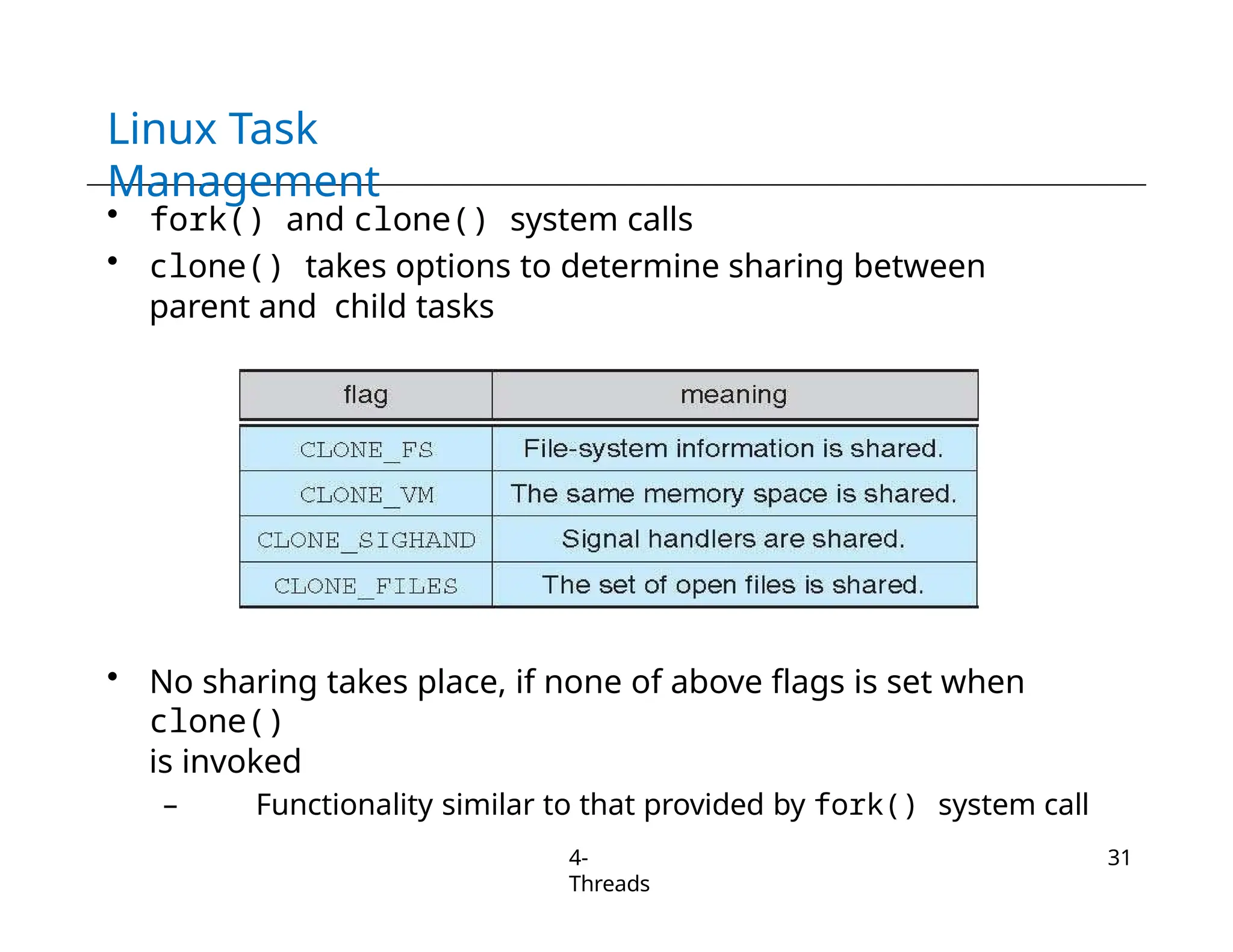 Linux Task
Management
• fork() and clone() system calls
• clone() takes options to determine sharing between
parent and child tasks
• No sharing takes place, if none of above flags is set when
clone()
is invoked
– Functionality similar to that provided by fork() system call
4-
Threads
31
 