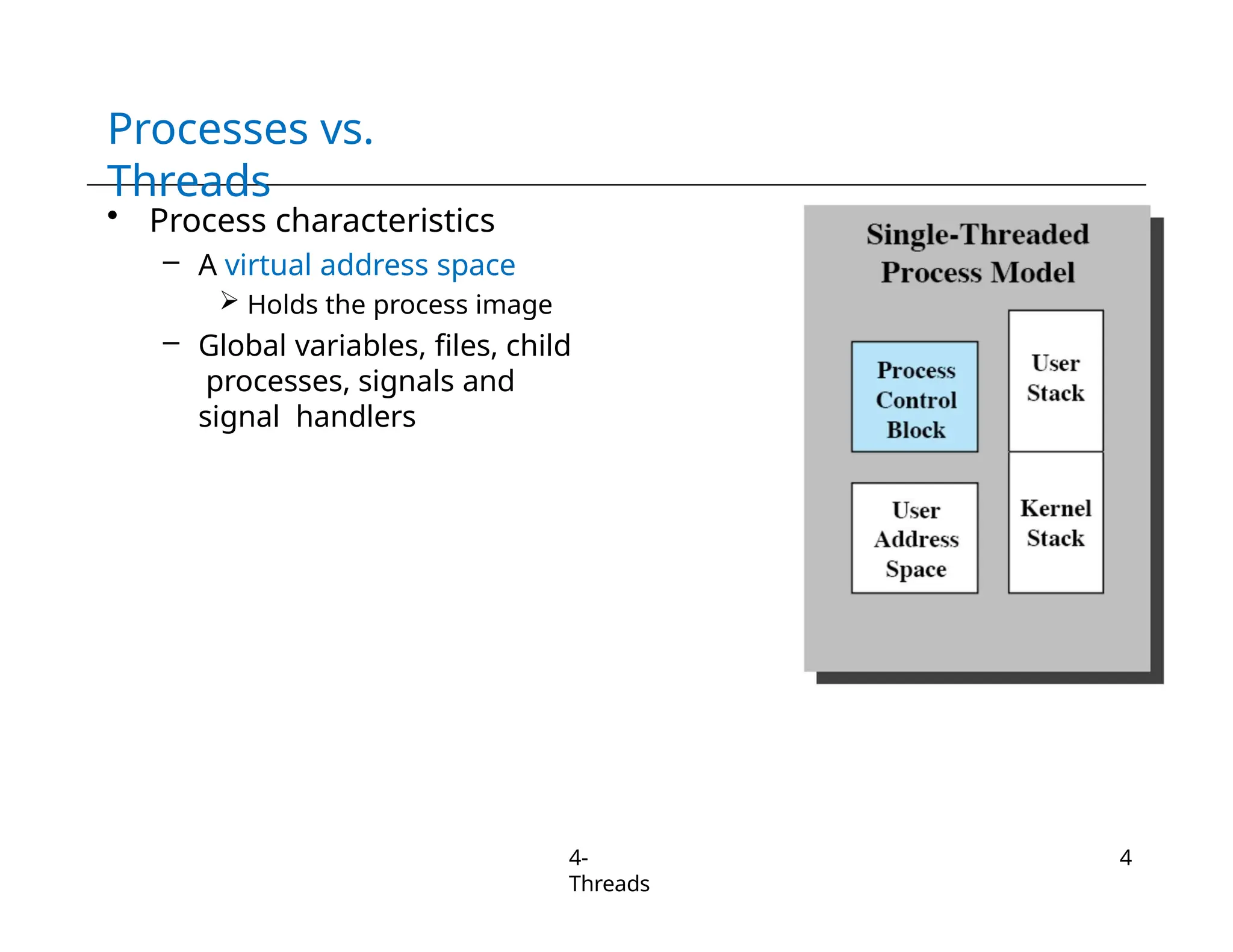 Processes vs.
Threads
• Process characteristics
– A virtual address space
 Holds the process image
– Global variables, files, child
processes, signals and
signal handlers
4-
Threads
4
 