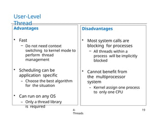 User-Level
Thread
Advantages
• Fast
– Do not need context
switching to kernel mode to
perform thread
management
• Scheduling can be
application specific
– Choose the best algorithm
for the situation
• Can run on any OS
– Only a thread library
is required
Disadvantages
• Most system calls are
blocking for processes
– All threads within a
process will be implicitly
blocked
• Cannot benefit from
the multiprocessor
system
– Kernel assign one process
to only one CPU
4-
Threads
19
 