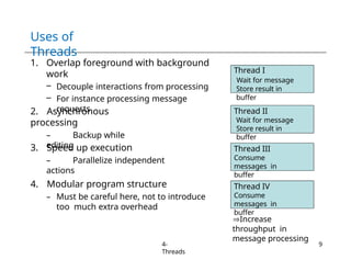 Uses of
Threads
1. Overlap foreground with background
work
– Decouple interactions from processing
– For instance processing message
requests
2. Asynchronous
processing
– Backup while
editing
3. Speed up execution
– Parallelize independent
actions
4. Modular program structure
– Must be careful here, not to introduce
too much extra overhead
Thread I
Wait for message
Store result in
buffer
Thread II
Wait for message
Store result in
buffer
Thread III
Consume
messages in
buffer
Increase
throughput in
message processing
Thread IV
Consume
messages in
buffer
4-
Threads
9
 