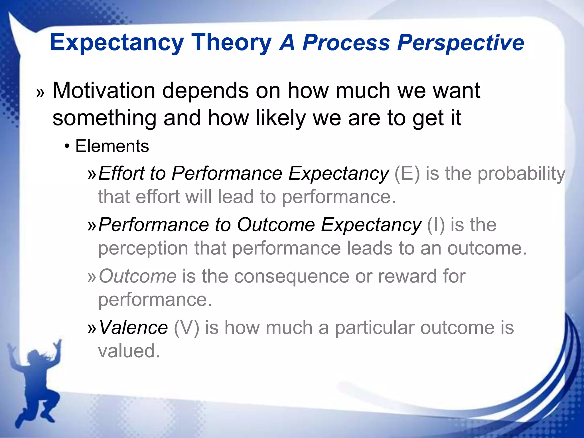 Expectancy Theory A Process Perspective
» Motivation depends on how much we want

something and how likely we are to get it
• Elements

»Effort to Performance Expectancy (E) is the probability
that effort will lead to performance.
»Performance to Outcome Expectancy (I) is the
perception that performance leads to an outcome.
»Outcome is the consequence or reward for
performance.
»Valence (V) is how much a particular outcome is
valued.

 