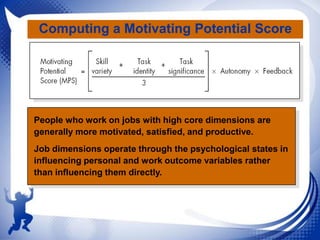 Computing a Motivating Potential Score

People who work on jobs with high core dimensions are
generally more motivated, satisfied, and productive.
Job dimensions operate through the psychological states in
influencing personal and work outcome variables rather
than influencing them directly.

 