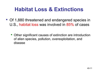 Habitat Loss & Extinctions
 Of 1,880 threatened and endangered species in
  U.S., habitat loss was involved in 85% of cases

   Other significant causes of extinction are introduction
    of alien species, pollution, overexploitation, and
    disease




                                                        40-11
 