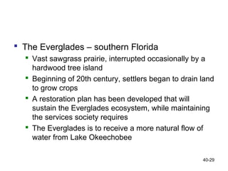  The Everglades – southern Florida
   Vast sawgrass prairie, interrupted occasionally by a
    hardwood tree island
   Beginning of 20th century, settlers began to drain land
    to grow crops
   A restoration plan has been developed that will
    sustain the Everglades ecosystem, while maintaining
    the services society requires
   The Everglades is to receive a more natural flow of
    water from Lake Okeechobee

                                                       40-29
 
