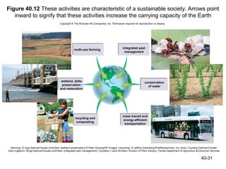 Figure 40.12 These activities are characteristic of a sustainable society. Arrows point
   inward to signify that these activities increase the carrying capacity of the Earth
                                             Copyright © The McGraw-Hill Companies, Inc. Permission required for reproduction or display.




                                                                                                    integrated pest
                                                         multi-use farming
                                                                                                     management




                                              wetland, delta                                                            conservation
                                              preservation                                                                of water
                                             and restoration




                                                                                                    mass transit and
                                                          recycling and
                                                                                                    energy-efficient
                                                           composting
                                                                                                     transportation




  (farming): © Inga Spence/Visuals Unlimited; (wetland preservation):© Peter DeJong/AP Images; (recycling): © Jeffrey Greenberg/PhotResearchers, Inc.;(bus): Courtesy DaimlerChrysler;
(drip irrigation): ©Inga Spence/Visuals Unlimited; (integrated pest management): Courtesy V.Jane Windsor, Division of Plant Industry, Florida Department of Agriculture &Consumer Services


                                                                                                                                                                         40-31
 