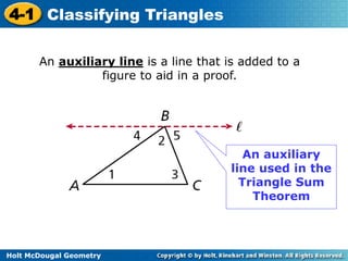 4-1 Classifying Triangles 
An auxiliary line is a line that is added to a 
Holt McDougal Geometry 
figure to aid in a proof. 
An auxiliary 
line used in the 
Triangle Sum 
Theorem 
 