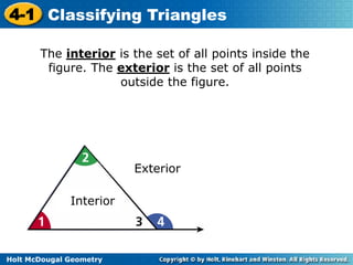 4-1 Classifying Triangles 
The interior is the set of all points inside the 
figure. The exterior is the set of all points 
Holt McDougal Geometry 
outside the figure. 
Interior 
Exterior 
 