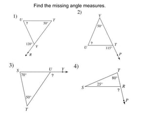 Find the missing angle measures. 
 