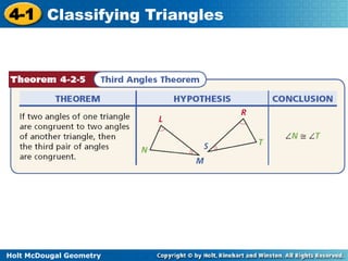 4-1 Classifying Triangles 
Holt McDougal Geometry 
 