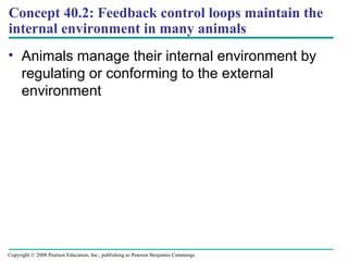 Concept 40.2: Feedback control loops maintain the
internal environment in many animals
• Animals manage their internal environment by
regulating or conforming to the external
environment
Copyright © 2008 Pearson Education, Inc., publishing as Pearson Benjamin Cummings
 