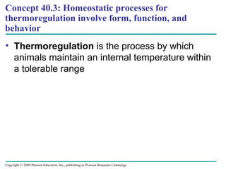 Concept 40.3: Homeostatic processes for
thermoregulation involve form, function, and
behavior
• Thermoregulation is the process by which
animals maintain an internal temperature within
a tolerable range
Copyright © 2008 Pearson Education, Inc., publishing as Pearson Benjamin Cummings
 
