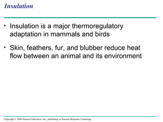 Insulation
• Insulation is a major thermoregulatory
adaptation in mammals and birds
• Skin, feathers, fur, and blubber reduce heat
flow between an animal and its environment
Copyright © 2008 Pearson Education, Inc., publishing as Pearson Benjamin Cummings
 