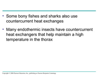 • Some bony fishes and sharks also use
countercurrent heat exchanges
• Many endothermic insects have countercurrent
heat exchangers that help maintain a high
temperature in the thorax
Copyright © 2008 Pearson Education, Inc., publishing as Pearson Benjamin Cummings
 