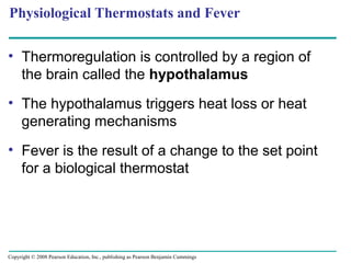 Physiological Thermostats and Fever
• Thermoregulation is controlled by a region of
the brain called the hypothalamus
• The hypothalamus triggers heat loss or heat
generating mechanisms
• Fever is the result of a change to the set point
for a biological thermostat
Copyright © 2008 Pearson Education, Inc., publishing as Pearson Benjamin Cummings
 