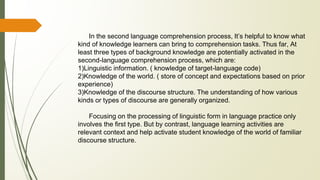 In the second language comprehension process, It’s helpful to know what
kind of knowledge learners can bring to comprehension tasks. Thus far, At
least three types of background knowledge are potentially activated in the
second-language comprehension process, which are:
1)Linguistic information. ( knowledge of target-language code)
2)Knowledge of the world. ( store of concept and expectations based on prior
experience)
3)Knowledge of the discourse structure. The understanding of how various
kinds or types of discourse are generally organized.
Focusing on the processing of linguistic form in language practice only
involves the first type. But by contrast, language learning activities are
relevant context and help activate student knowledge of the world of familiar
discourse structure.
 