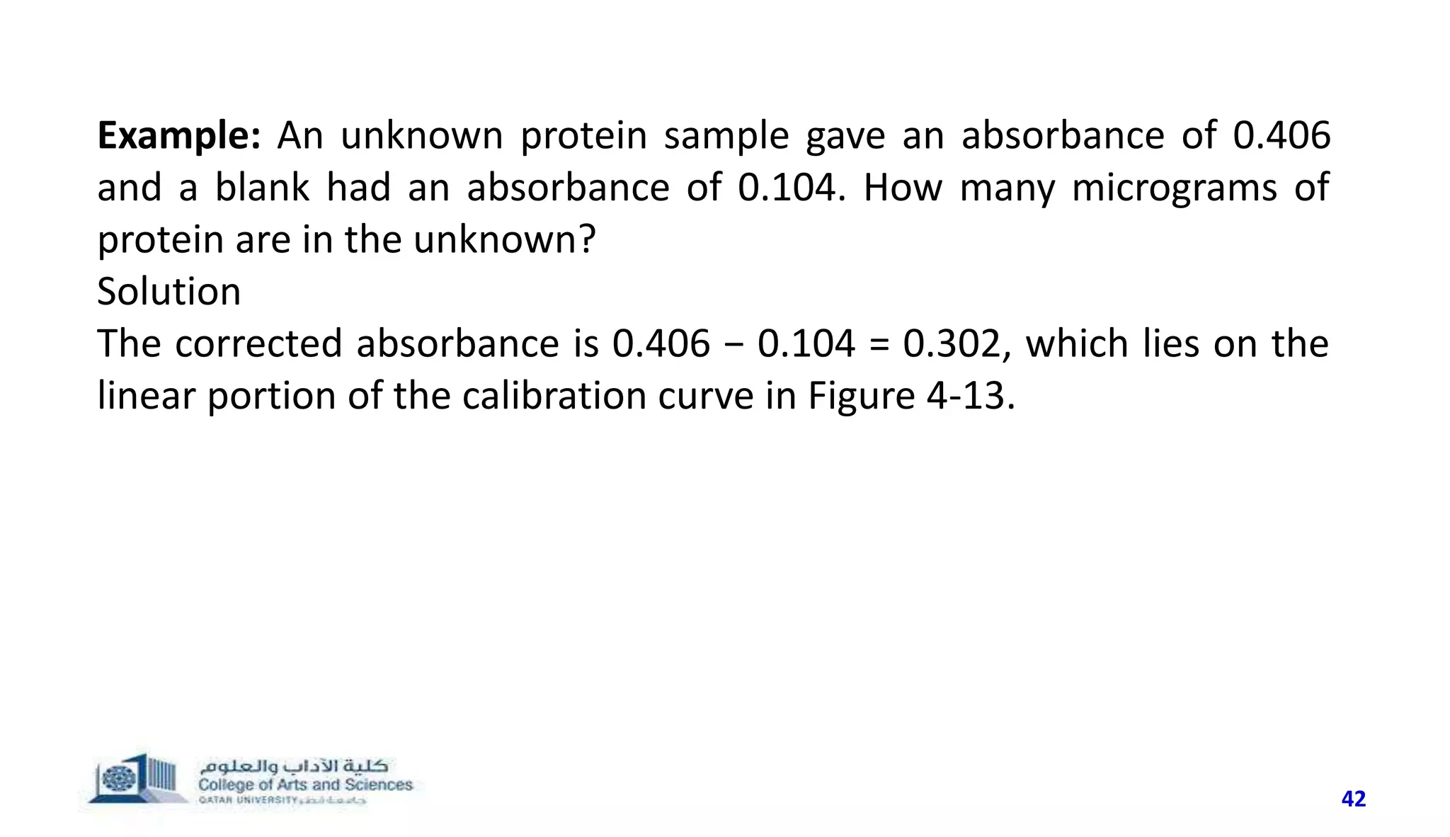 42
Example: An unknown protein sample gave an absorbance of 0.406
and a blank had an absorbance of 0.104. How many micrograms of
protein are in the unknown?
Solution
The corrected absorbance is 0.406 − 0.104 = 0.302, which lies on the
linear portion of the calibration curve in Figure 4-13.
 