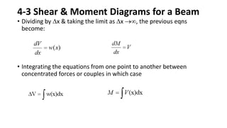 4-3 Shear & Moment Diagrams for a Beam
• Dividing by x & taking the limit as x , the previous eqns
become:
• Integrating the equations from one point to another between
concentrated forces or couples in which case
 