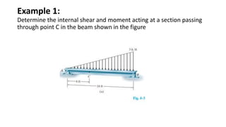 Example 1:
Determine the internal shear and moment acting at a section passing
through point C in the beam shown in the figure
 