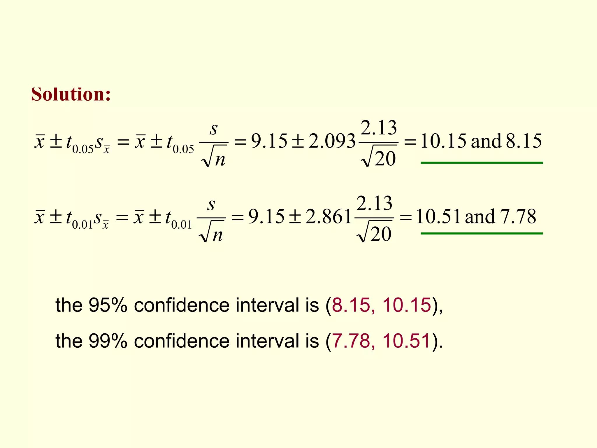 the 95% confidence interval is ( 8.15, 10.15 ),  the 99% confidence interval is ( 7.78, 10.51 ).  