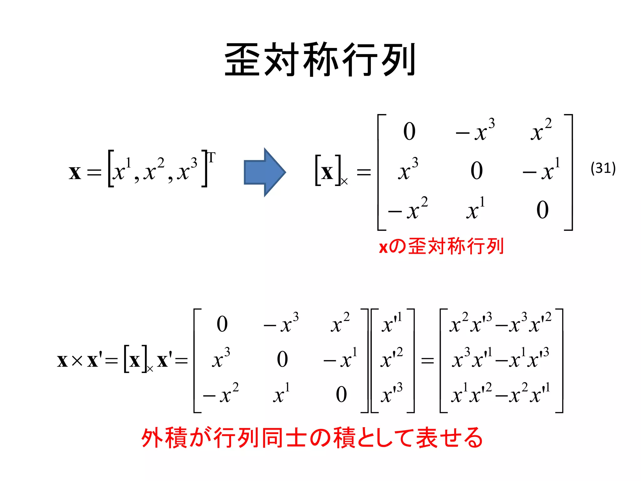 歪対称行列
                                         0         x     3
                                                               x 
                                                                2


      
 x  x ,x ,x
          1   2
                   
                  3 T                    3
                                 x   x           0          1
                                                               x    (31)

                                         x 2        x1
                                                                0 
                                                                 
                                          xの歪対称行列


                    0     x 3 x 2   x'1   x 2 x'3  x 3 x'2 
                    3             1 2      3 1 1 3
x  x'  x x'   x     0  x   x'    x x'  x x' 
                    x 2 x1    0   x'3   x1 x'2  x 2 x'1 
                                                             
           外積が行列同士の積として表せる
 
