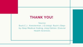 THANK YOU!
Source:
Buck,C.J., Koesterman, J.G.(2019). Buck's Step-
by-Step Medical Coding, 2019 Edition. Elsevier
Health Sciences.
 