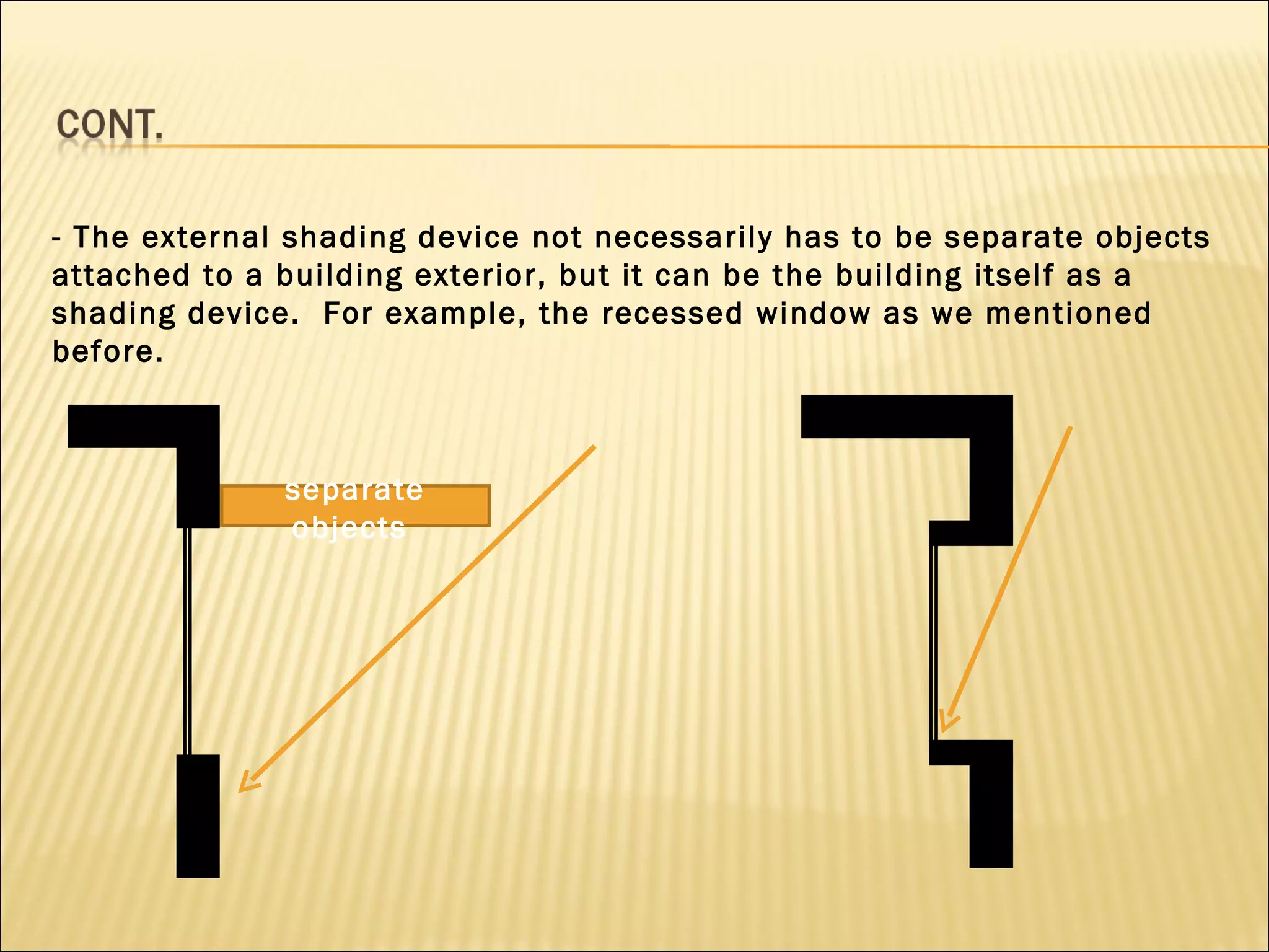 - The external shading device not necessarily has to be separate objects attached to a building exterior, but it can be the building itself as a shading device.  For example, the recessed window as we mentioned before. separate objects  